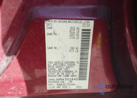 2014 Nissan Altima 2.5/2.5 S/2.5 Sl/2.5 Sv z USA, uszkodzony, nr VIN 1N4AL3AP9EN351840